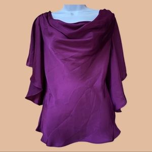 Filtre Satiny Fuchsia Magenta Top with Ruffle 3/4 sleeves & Cowl Neck